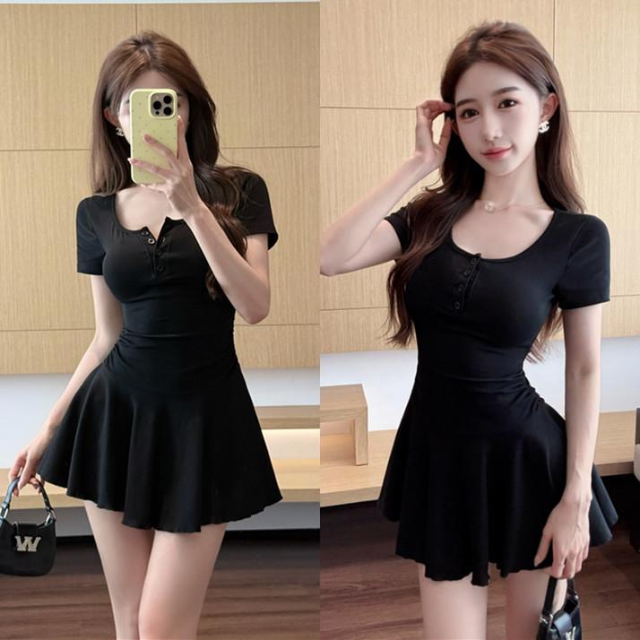 Sexy round neck elastic cotton, pure desire temperament, tight body, hip-wrapped, bottom-up, short sleeves, waist and thin, big swing dress.