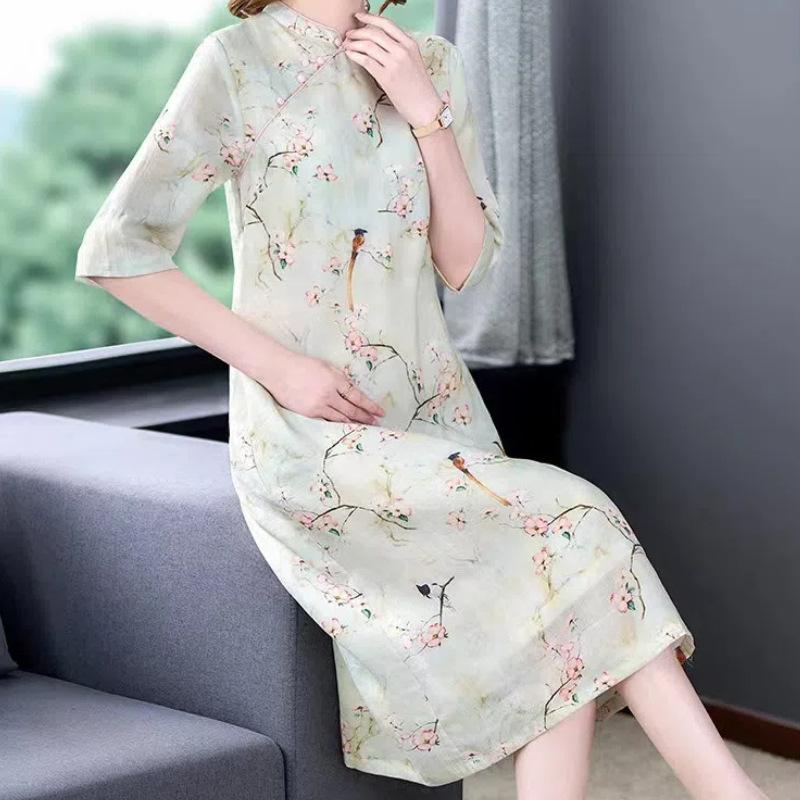 Retro Republic of China Improved Cheongsam Dress Printed Chinese Style Zen Women's Clothing Chinese Tea Clothing Women's Summer