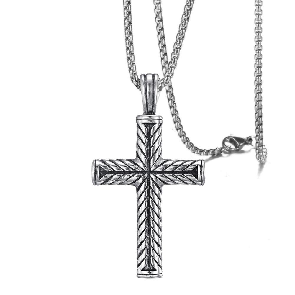 

Twisted Pattern Cross Pendant Necklace Retro Simple Stainless Steel Chain Silver Color Hip Hop for Women Men Jewelry Gifts серебряный