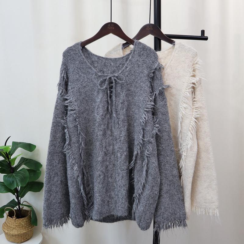Autumn and Winter New Loose Fringed Design Knitted Sweater Top Soft Waxy Lazy Wind Sweater Pullover Woman
