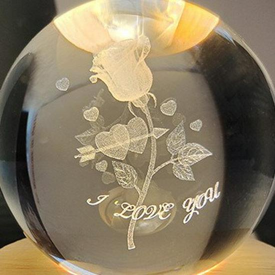 3D Carved Rose Crystal Ball Night Light - Luminous Glass Gift, Valentine's Day Ornaments