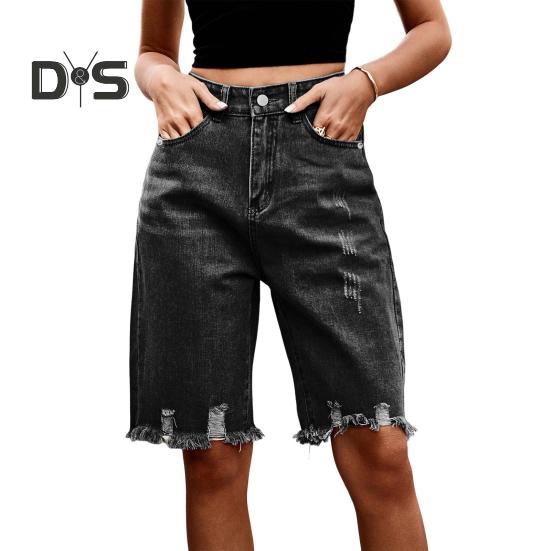 Women's High Waisted Distressed Bermuda Denim Shorts Knee Length Ripped Stretchy Jean Shorts with Pockets Frayed Hem Short Pants
