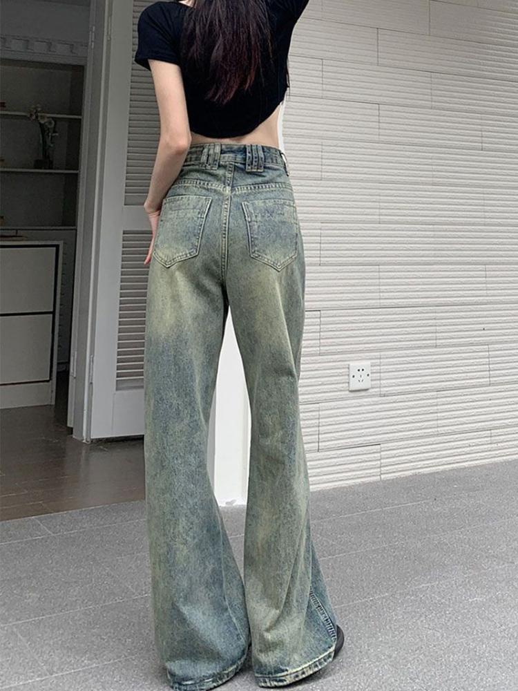 2000s Vintage Lengthen Straight Jeans Women Chic Korean High Waist Washed Denim Pants Female Elegant Streetwear Loose Wide Leg Trousers