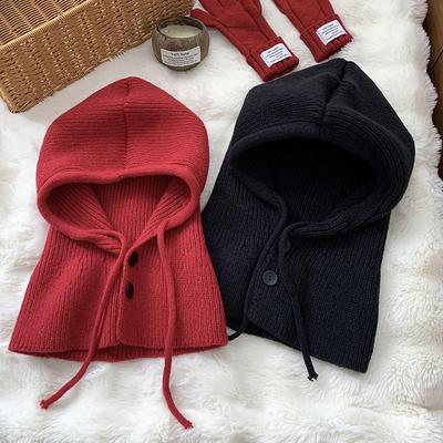 Drawstring Autumn and Winter Solid Color Wind Versatile Knitted Scarf Integrated Couple Rafa Hat