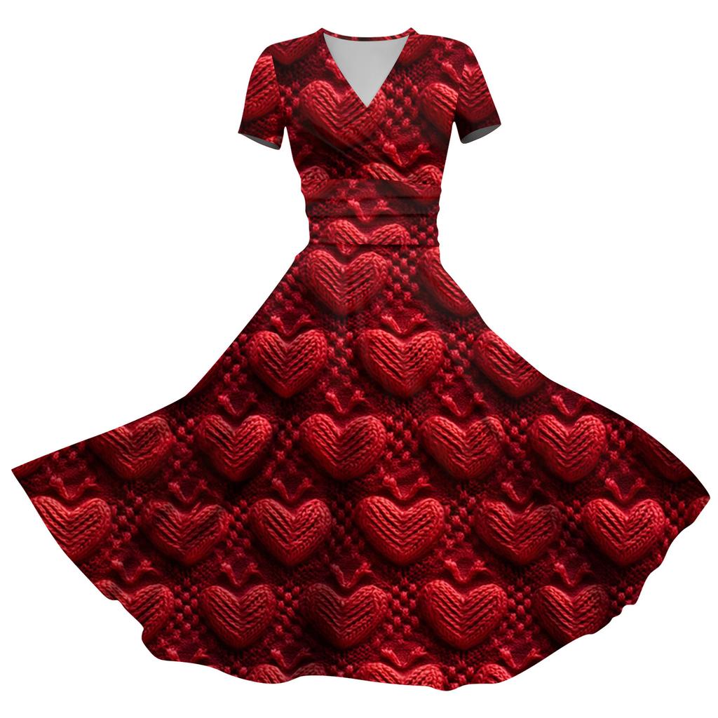 Ladies' Fashion Casual Valentine's Day Printed Twisted Strip Short Sleeve Pocket Dress