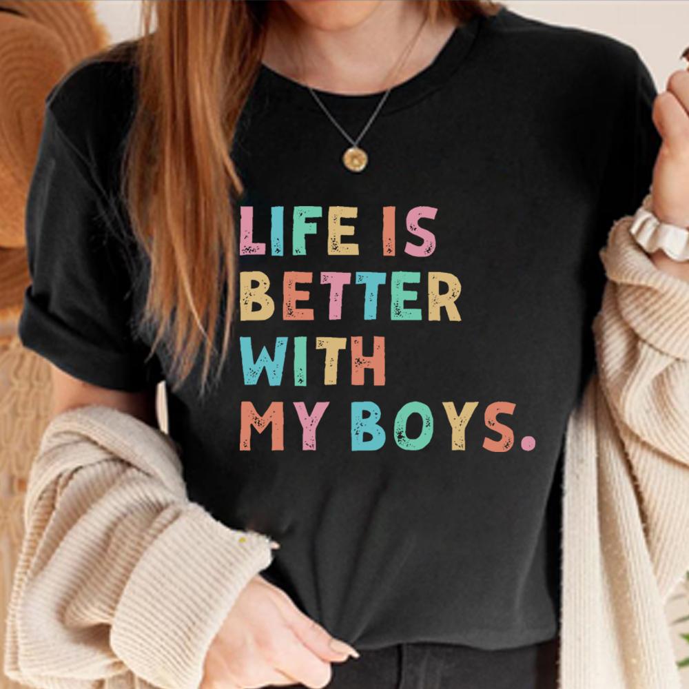 Life Is Better with My Boys T Shirt Mom of Boys Tshirt Mama Boy Shirts Fashion Women Short Sleeves Tops Mothers Day Gift