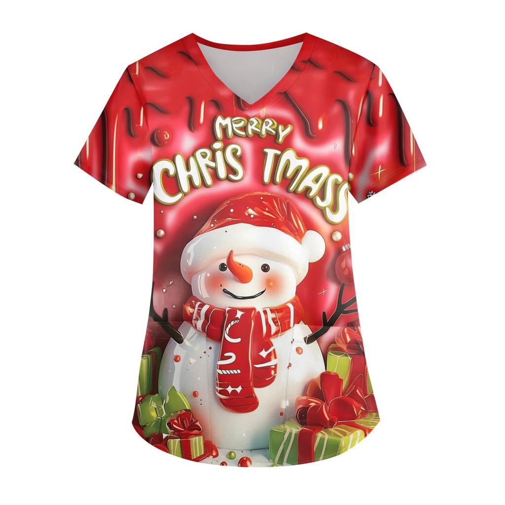 Ladies' Christmas Printed Fashionable V-neck Pocket Short Sleeved  Uniform And Caregiver Top