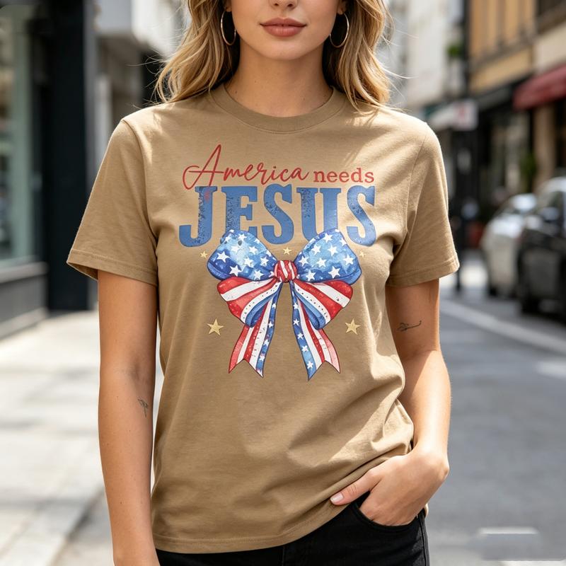 Patriotic Christian T Shirt America Needs Jesus Graphic Tee With USA Flag Bow Print For Unisex Unisex Soft Cotton Crew Neck E