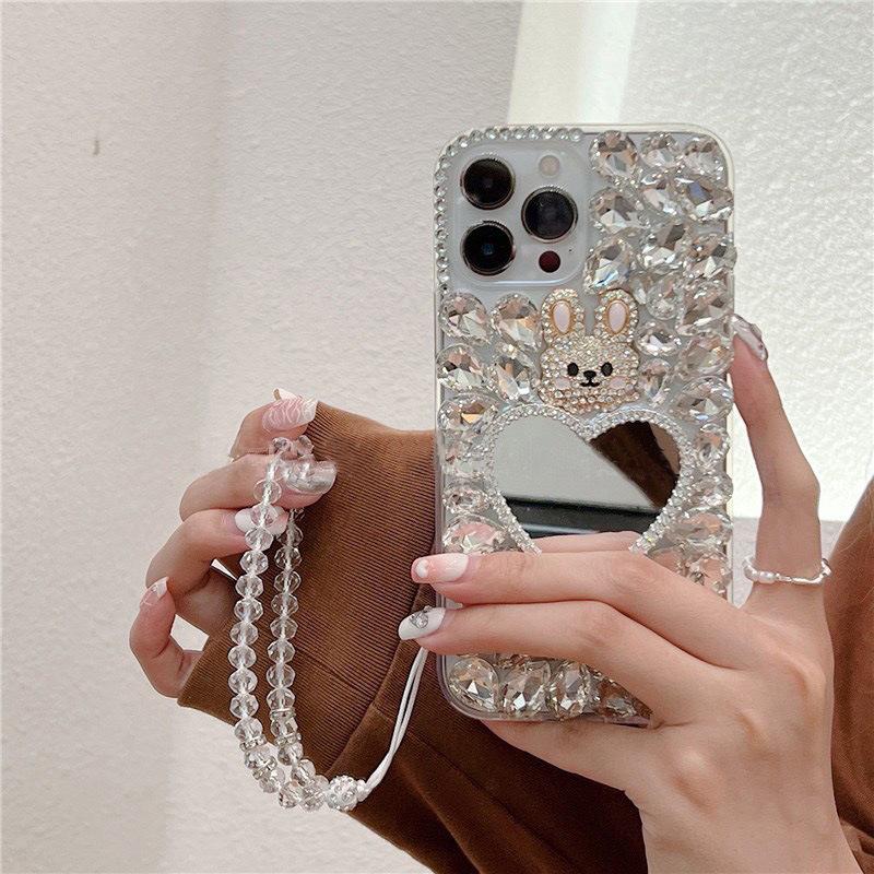 Apple 17 ProMax Phone Case for iPhone 15 with Heart, Small Bear, Rabbit Mirror, Hand Strap, Rhinestones 