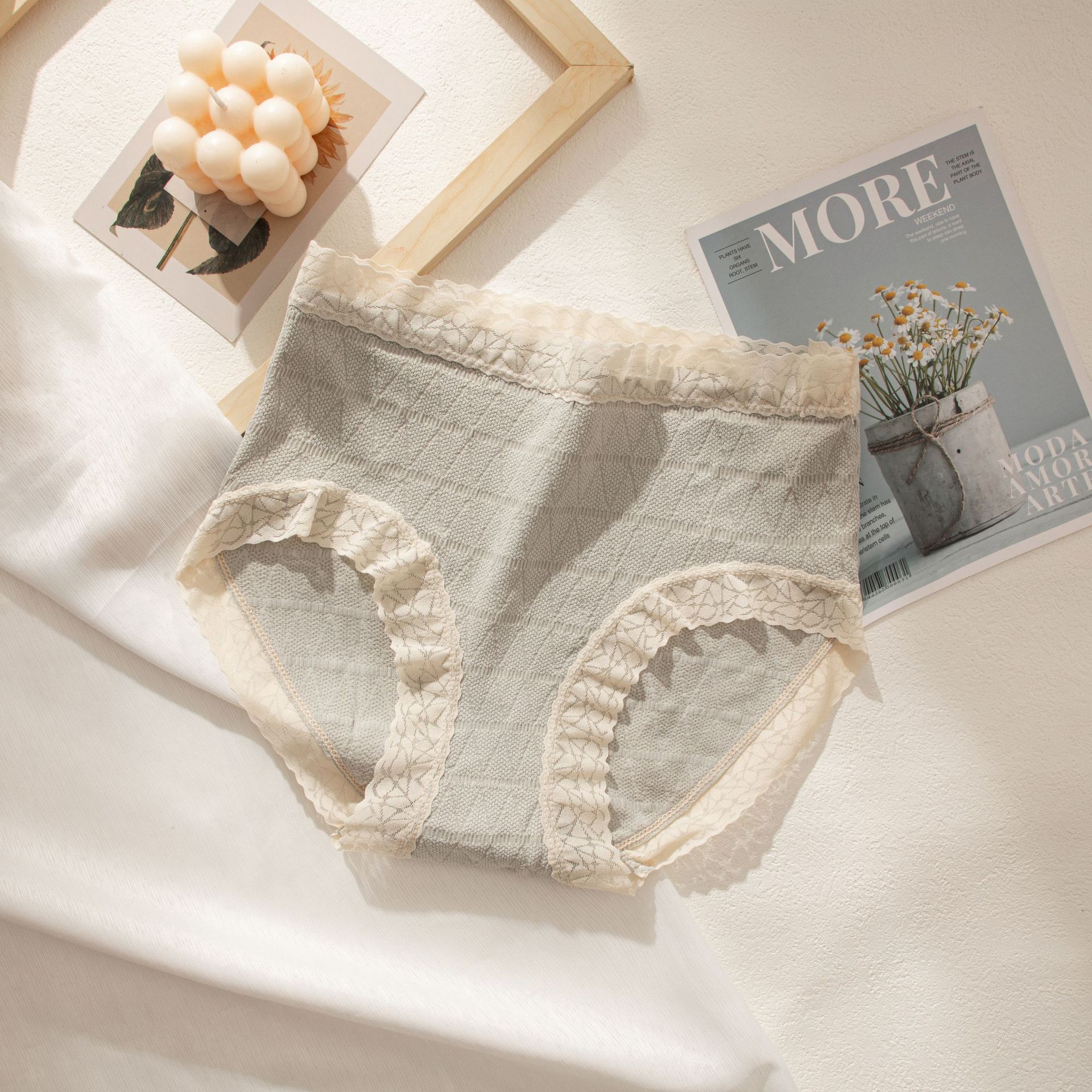 

Нижнее белье Bubble Mid с высокой талией, женские трусики-трусы из чистого хлопка с высокой эластичностью и кружевной кромкой из чистого хлопка с треугольными чашечками L светло-серый