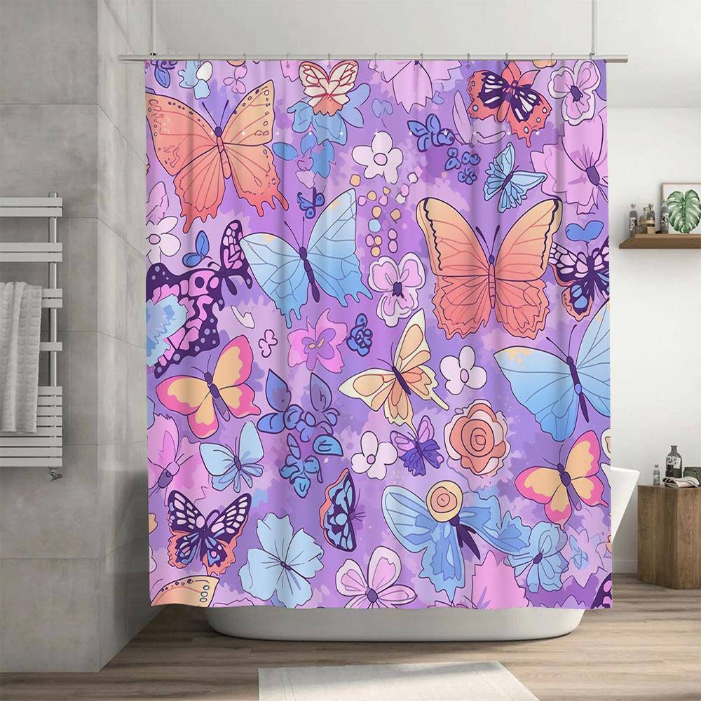 Zasłony prysznicowe z nadrukiem motyli Fioletowy wzór kwiatowy do dekoracji łazienki Tkanina z nadrukiem 3D Wodoodporna zasłona prysznicowa Home Deco