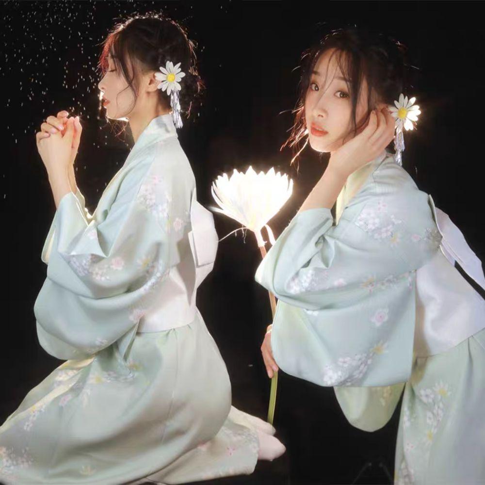 Printed Floral Sakura Girl Kimono Dress Elegance Japanese Style Yukata Bathrobe Party