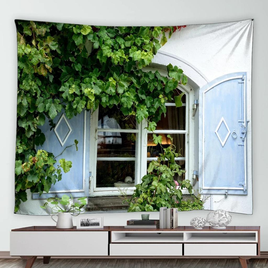 Home Decor Wall Hanging Tropical Garden Landscape Tapestry Waterfall Flower Tree Vintage Brick Vine Plant Park Natural Scenery