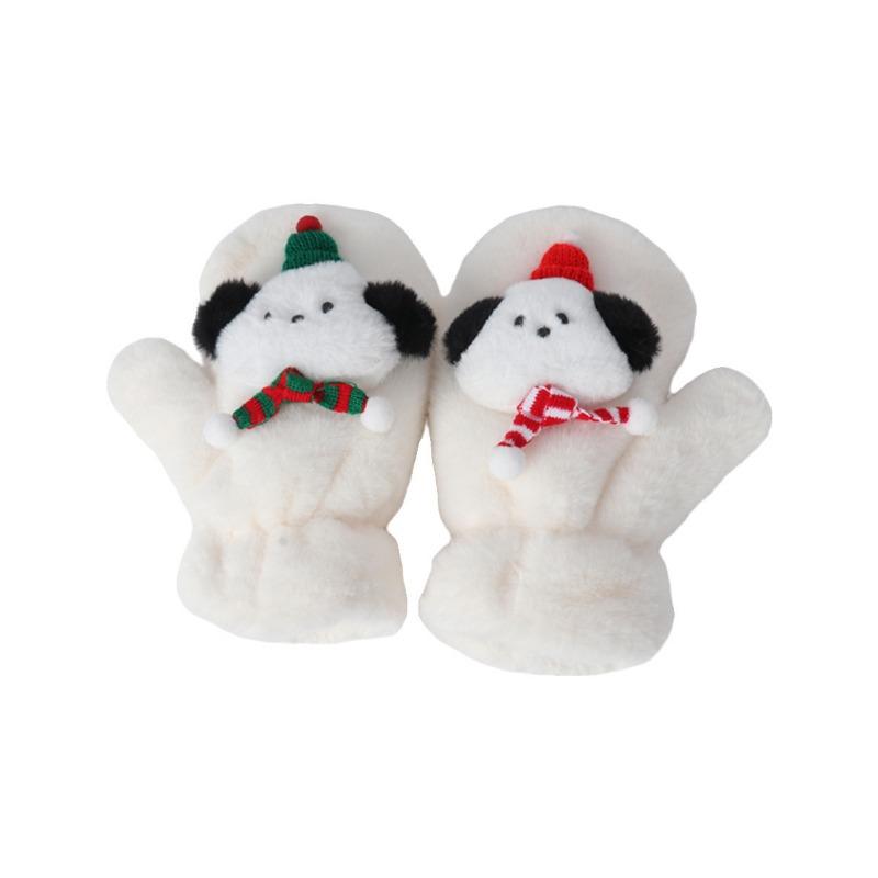 Cute Cartoon Christmas Puppy Plush Gloves Female Winter Plush Thickened Warm Neck Hairy Gloves