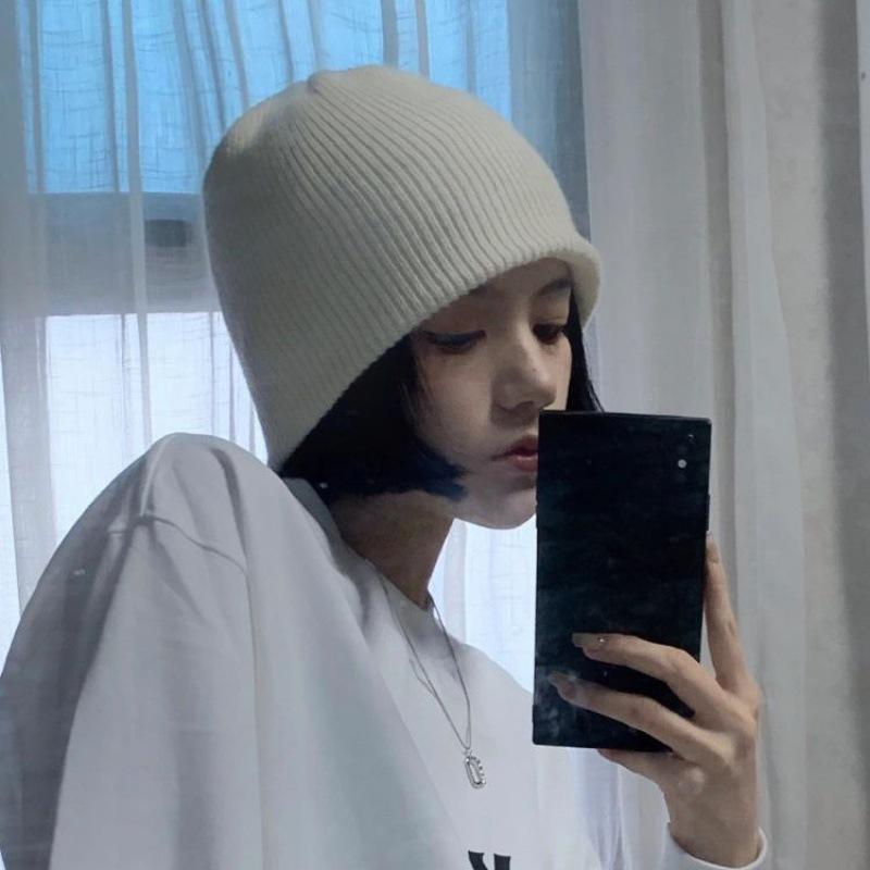 White Knitted Hat Women's Autumn and Winter Tide Fashion Versatile Solid Color Big Head Circumference Wool Pullover Hat Confinement Cold Hat