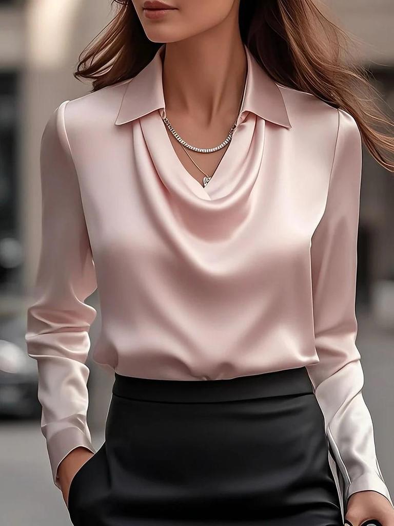 Champagne Gold Silk Blouse with Stacked Neckline, Elegant Women's Shirt In Multiple Colors