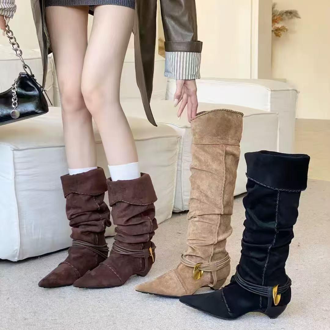 

2025 autumn and winter new fashion versatile European and American style hand-tied thread pointed wood grain and piled boots 39 абрикосовый
