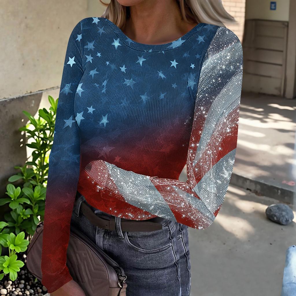 Women's Casual Long Sleeve Ribbed Top Crew Neck Lightweight Knit Shirt with Star Pattern Print for Everyday Wear