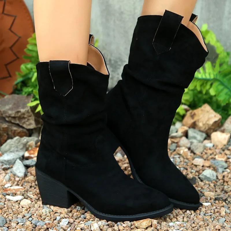Women's Western Style Pointed Toe Booties Large Size Chunky Heel French Vintage Short Boots Autumn Winter New Arrival