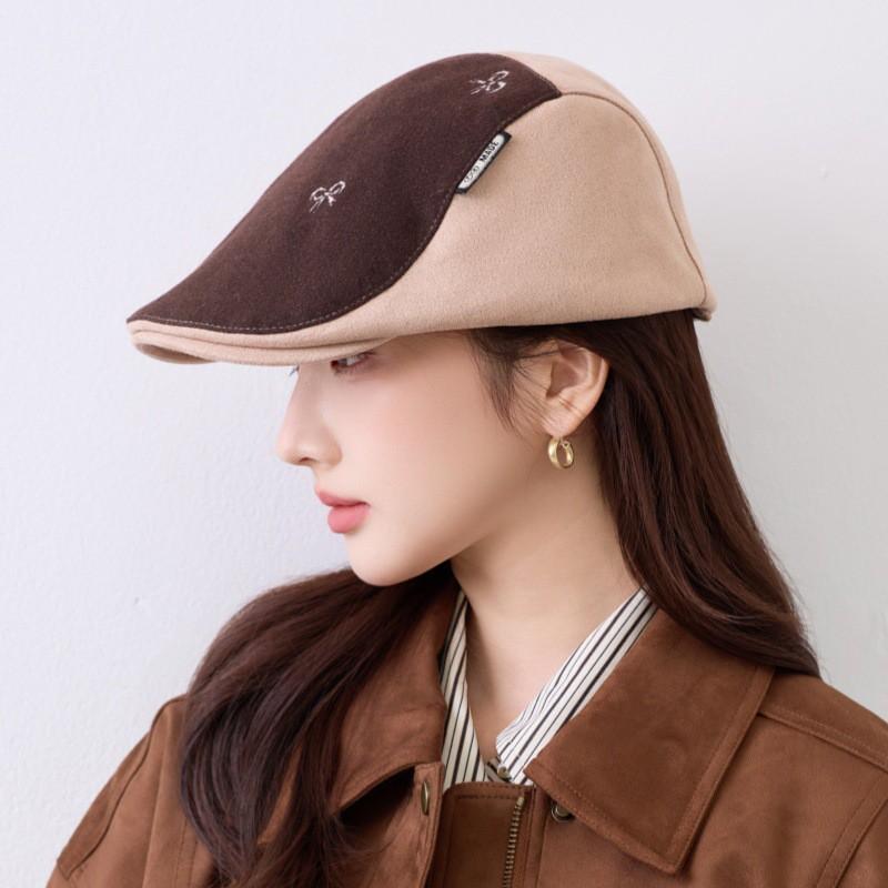Womens Retro Bow Flat Top Cap Short Brim Adjustable Cotton Hat Winter Warm Stylish Duckbill