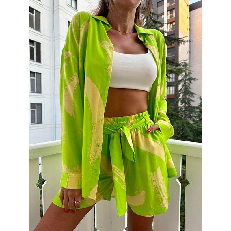 European and American Style Shirt Set for Women,-Border Elastic Waist Tie Large Size Shirt and Shorts Two-Piece Set for Summer