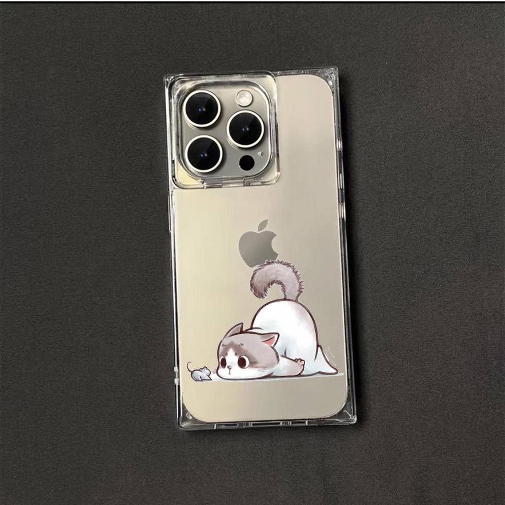 Square Back Tube Protection Clear Case For iPhone 16 ProMax 11 13 15 Plus 14 Pro Max 12 Anti-Oxygen,Cat And Mouse Eye Contact Pattern Casing