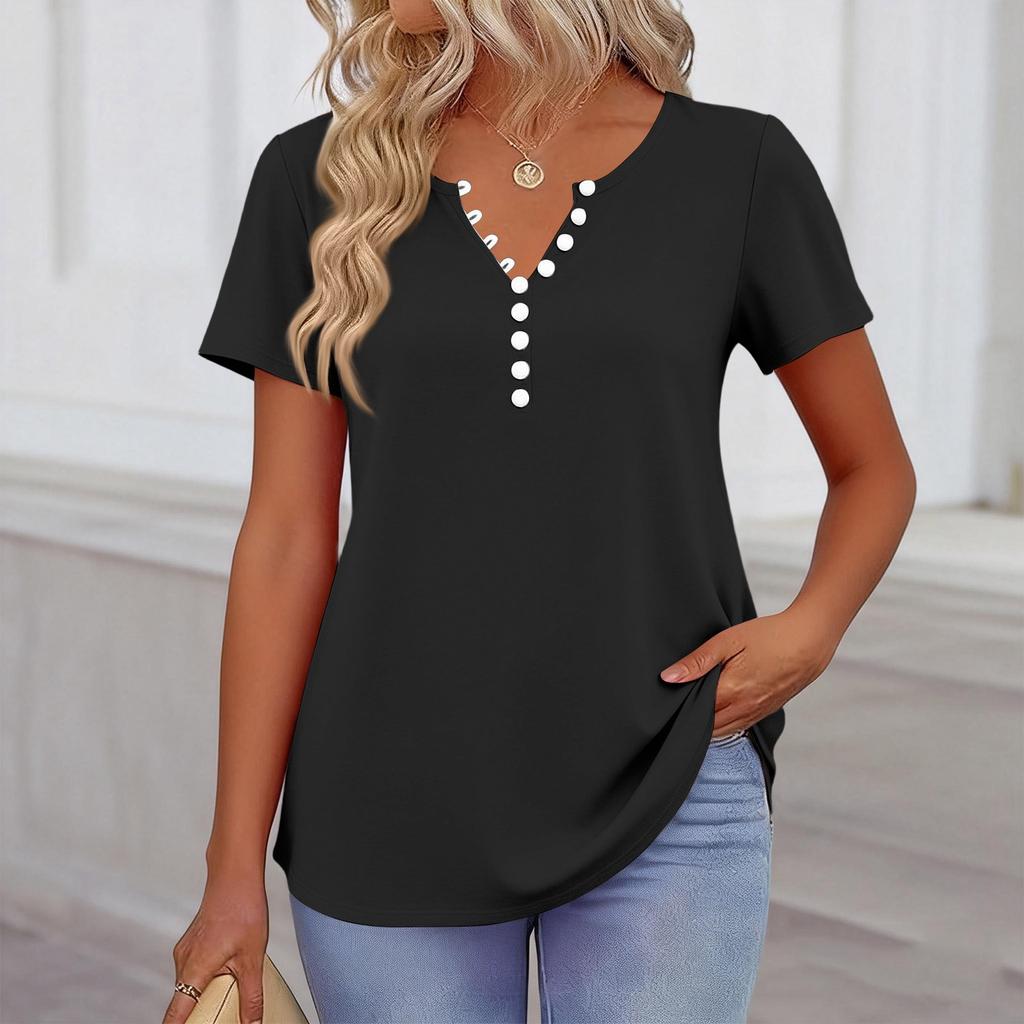 Women’s Casual Short Sleeve V Neck Button Front Blouse Comfortable Relaxed Fit Basic Summer Top for Daily Wear