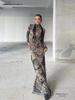 Spring/Summer High Collar Mesh Print Dress - European & American Style