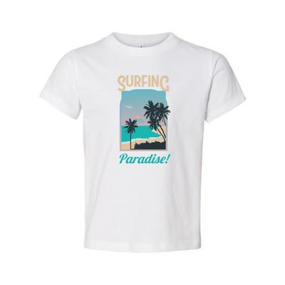 Surfing Paradise Graphic Tee For Men And Women Unisex With Palm Tree Beach Scene