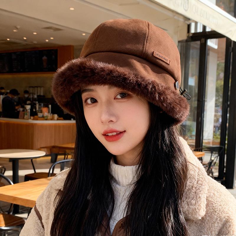 Plush hat women's big head circumference shows small face thickened plush bucket hat plush ear protection cold protection pullover hat