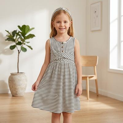 Girls' Spring/Summer New Fashion European And American Style Casual Striped Sleeveless Dress With Twisted Waist