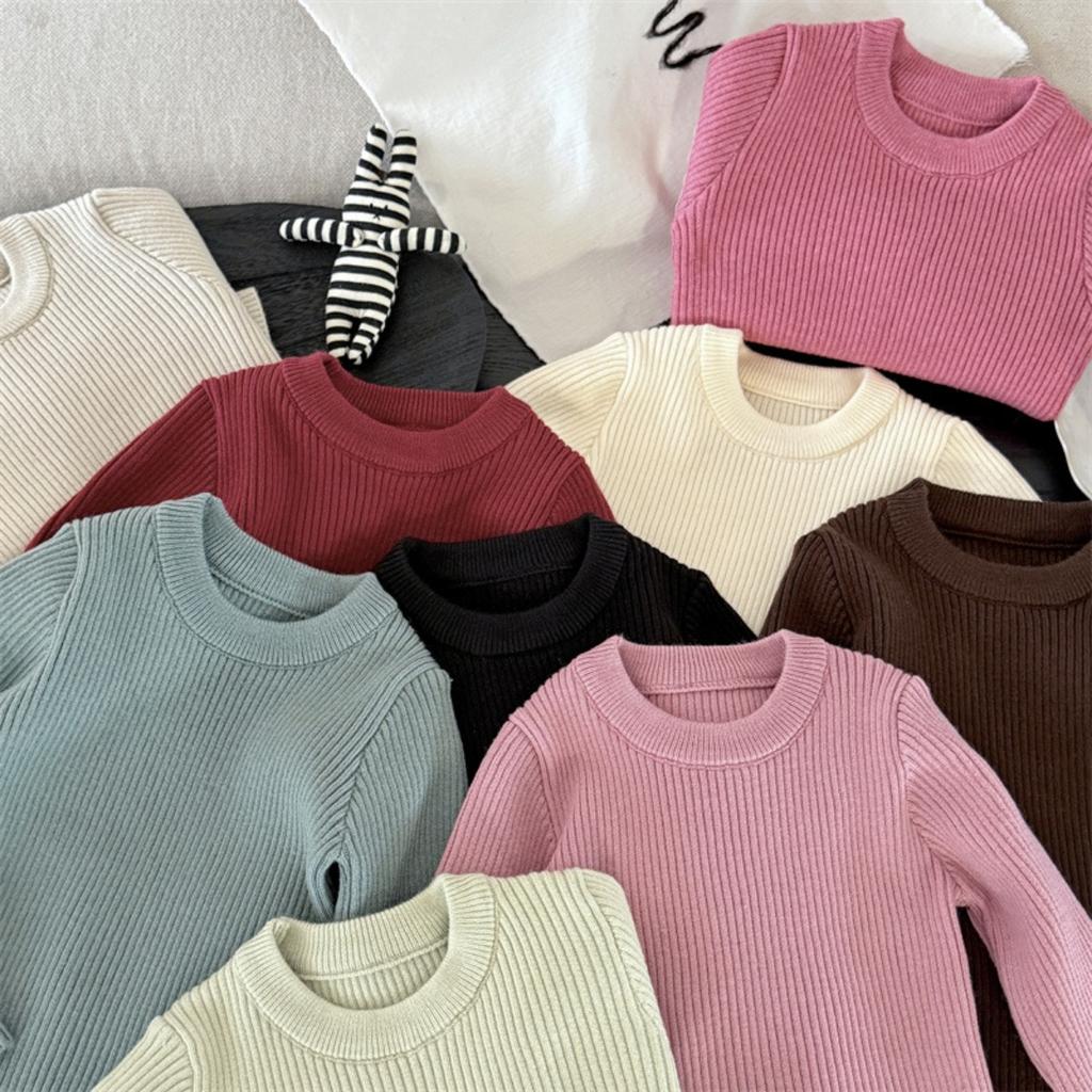 Klučičí a dívčí pletené svetry, univerzální strečové svetry pro dětské oblečení s dlouhým rukávem, jednobarevné, žebrované dětské svetry