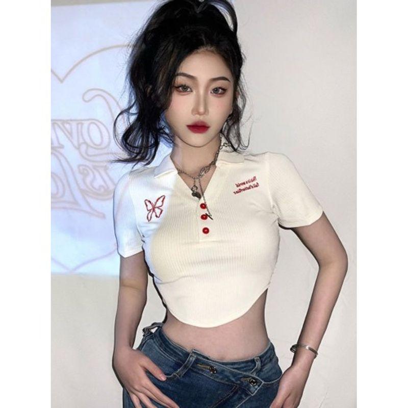 

Pure Desire Style Sexy V-neck Short-Sleeved T-shirt Women s Summer Stylish Niche Style Chic Polo Collar Short Midriff-Baring Top Fashion Apricot color S