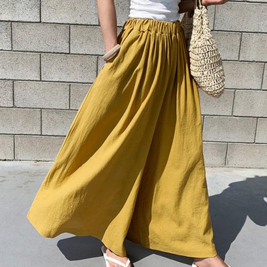 Women Pants Solid Color Side Pockets Temperament Elastic Waist Wide Leg Trousers Streetwear