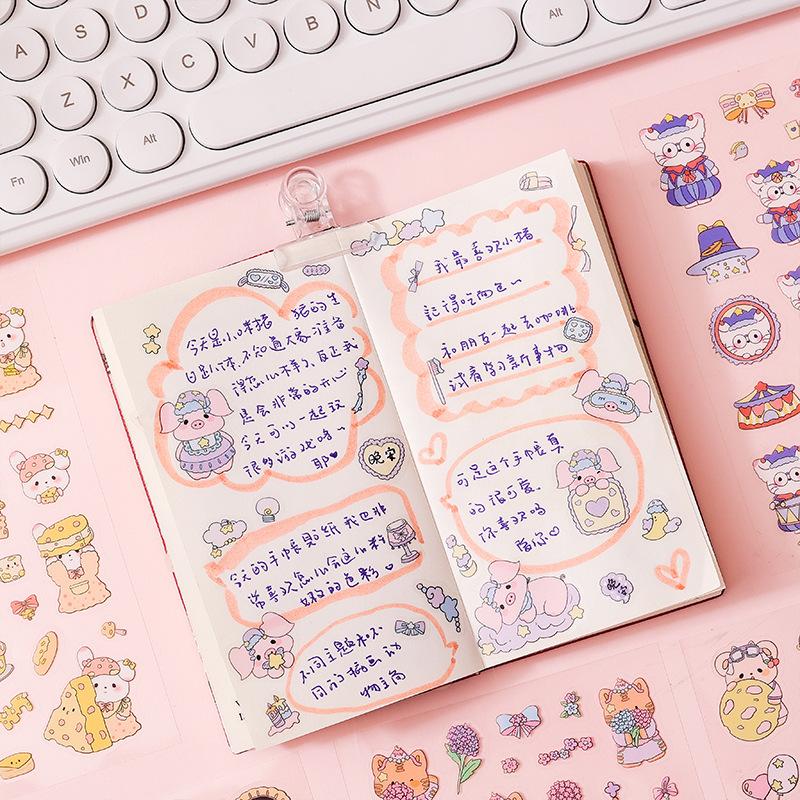6 Sheets Kawaii Cartoon Animal Stickers pack Creativity Adhesive Diy Decorative Diary Scrapbooking Junk Journal Supplies
