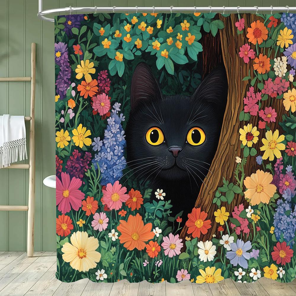Cartoon Cat Shower Curtain, Bathroom Decorative Flowers Shower Curtains, Home Printed Polyester Fabric Curtain with Hooks