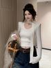 Threaded Velvet U-Neck Long-Sleeve Fleece T-shirt - Autumn/Winter Ribbon Design, Elegant Style