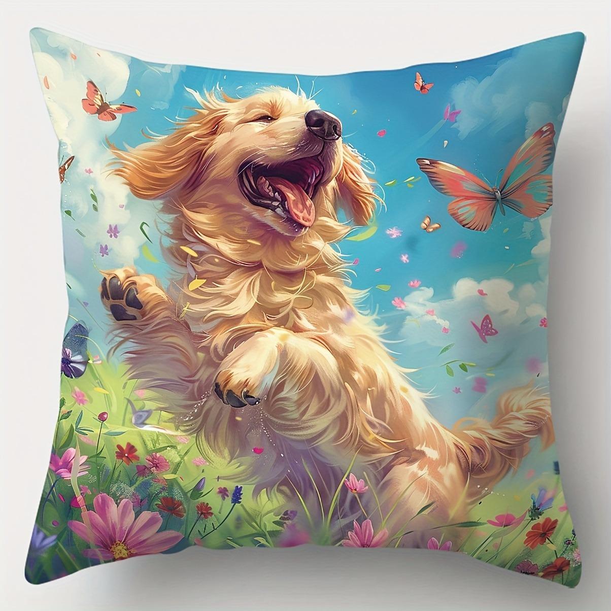 

Home Decor Golden Retriever with Pets and Flowers Pillow Covers Pattern Cushion Cover Suitable for Sofa Bedroom Car Pillow Cover 40cmx40cm