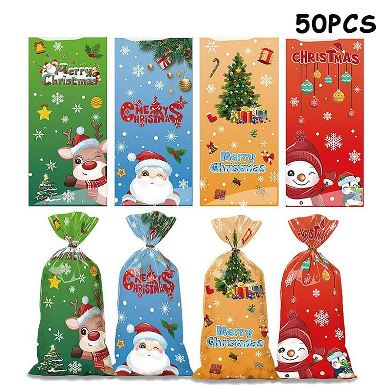 50 Pcs Merry Christmas Cellophane Bags With Twist Ties Xmas Clear Cello Candy Gift Bags New Year'S Eve Christmas Party Decoration