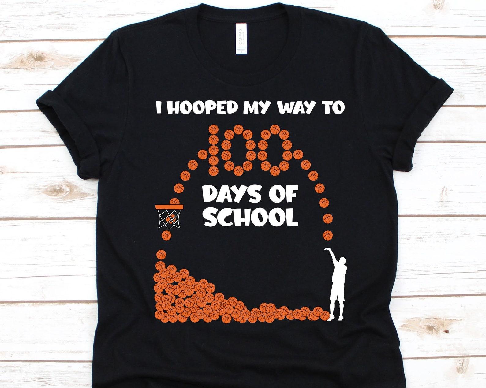 I Hooped My Way To 100 Days Of School Shirt, School Basketball Gift For Kids, Basketball Lover, Basketball Player, Ball Design, School Shirt XL