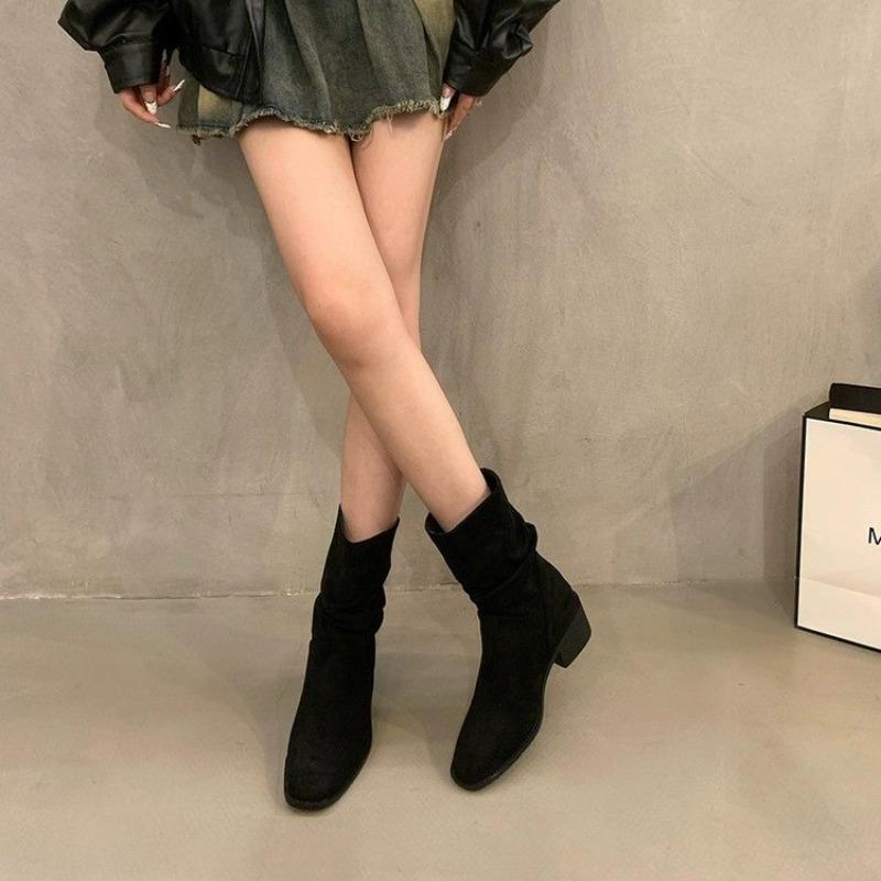 Retro Stacking Boots Women's Summer and Autumn New Thin Khaki Martin Boots Thick Heel Photo Cowboy Short Boots Women