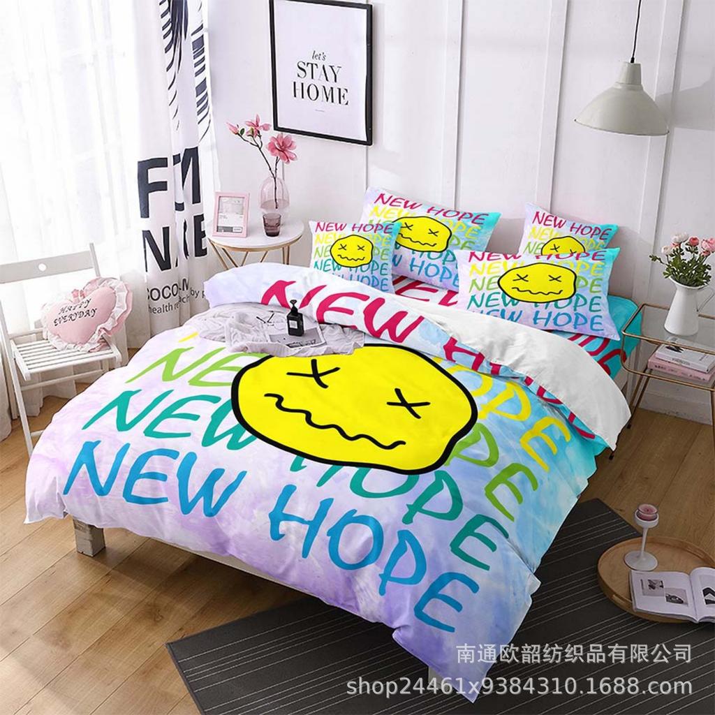 Heiß verkaufte 3D Digitaldruck Hip-Hop Graffiti Smiley Gesicht Bettwäsche Kissenbezug Bettbezug Dreiteiliges Set