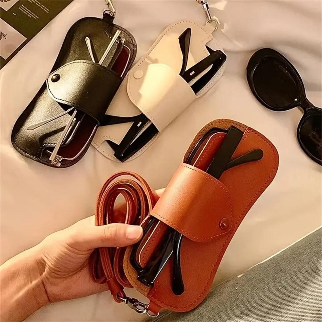 PU Leather Sunglasses Storage Bag With Lanyard Solid Color Portable Eyeglasses Pouch Durable Hanging Glasses Holder Cover Bag