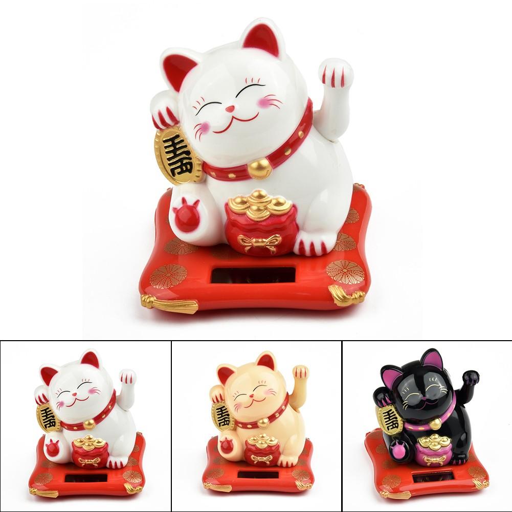 1pc Solar Powered Maneki Neko Lucky Cat Welcoming Chinese Lucky Cat Waving Hand Beckoning Fortune Cat Figurines For Home Decor