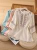 Women's Crew Neck 3/4 Sleeve Cotton Linen Blouse Loose Vintage Floral Embroidery Half Button Casual Shirt