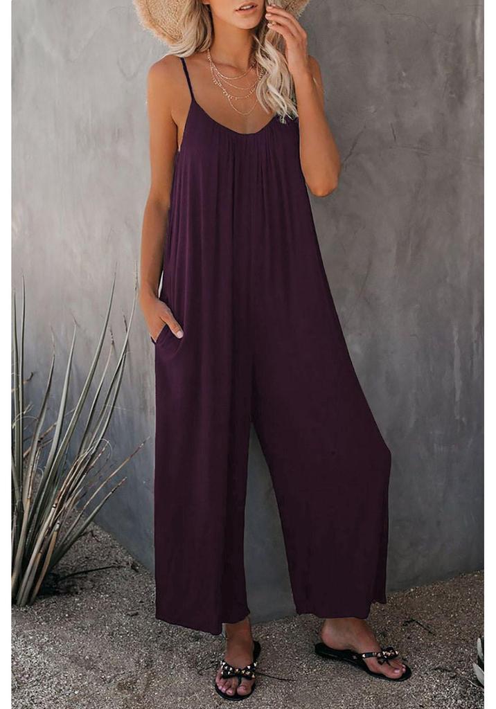 2026 Sommer Damen einfarbiger Jumpsuit mit aufgesetzten Taschen und Trägern - Lockere lässige Passform lange Hosen
