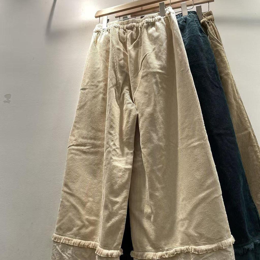 Autumn/Winter Mori Girl Style Women's Corduroy Wide-Leg Pants with Elastic Waistband and Lace Hem