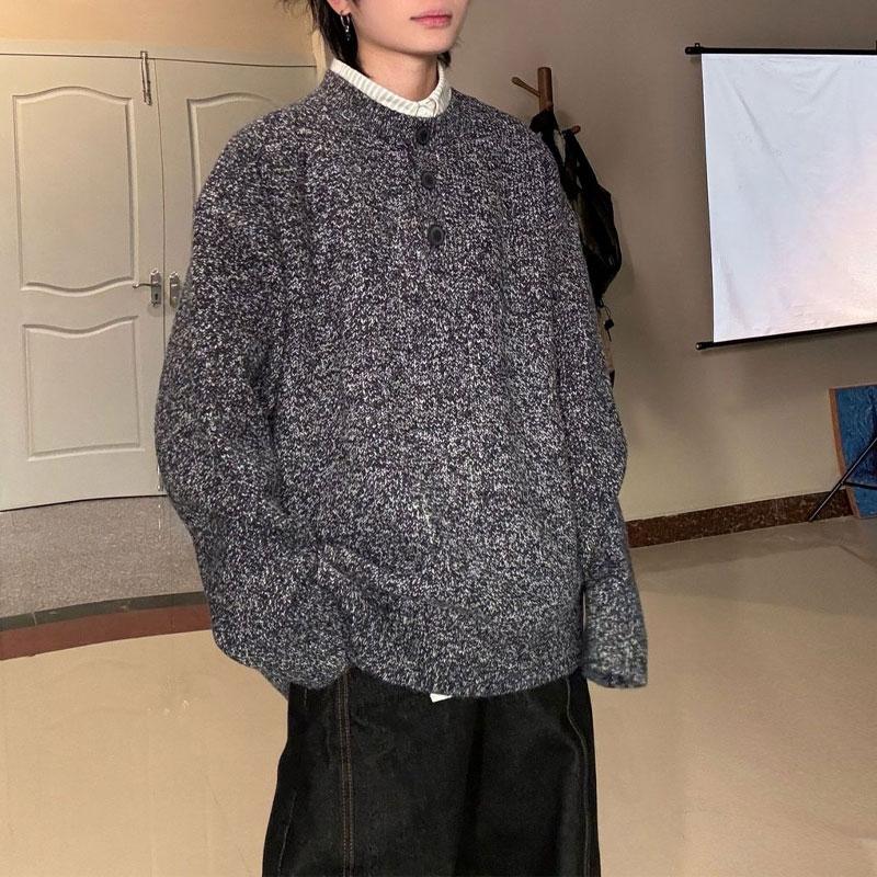 

Осень Зима Пуловеры с воротником-стойкой на пуговицах Вязаные Винтажные Однотонные Мужская одежда Повседневные Свободные Базовые Свитеры с длинным рукавом L