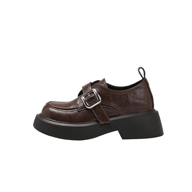 Washed Cowhide Retro One-pedal Thick-soled Small Leather Shoes for Women's Autumn and Winter Velvet Thick Heel Small Size 32