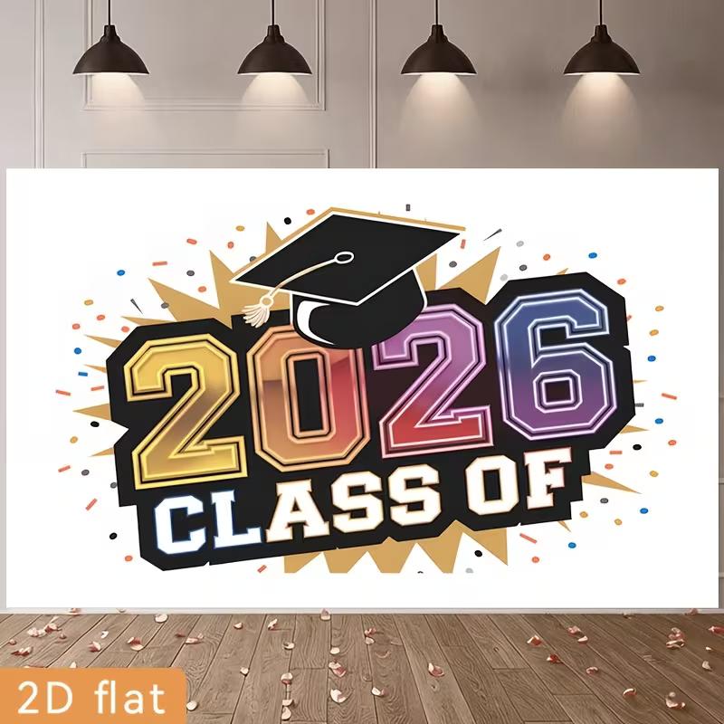 2026 Graduation Tapestry, Colorful Grad Cap and Confetti Design for Photo Booth and Grad Celebration